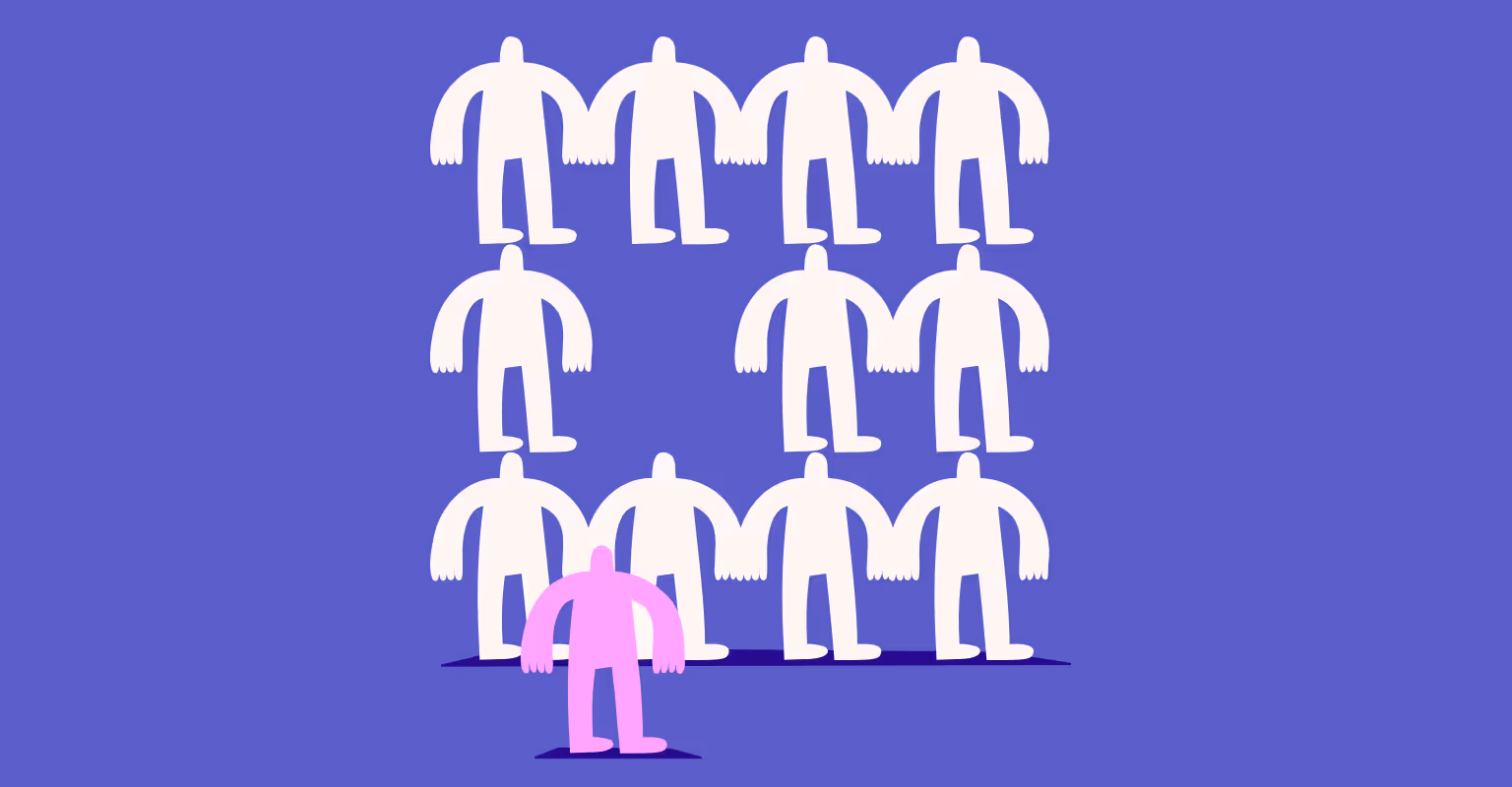 An illustration of figures in lines with one empty spot and a figure standing out from the rest.