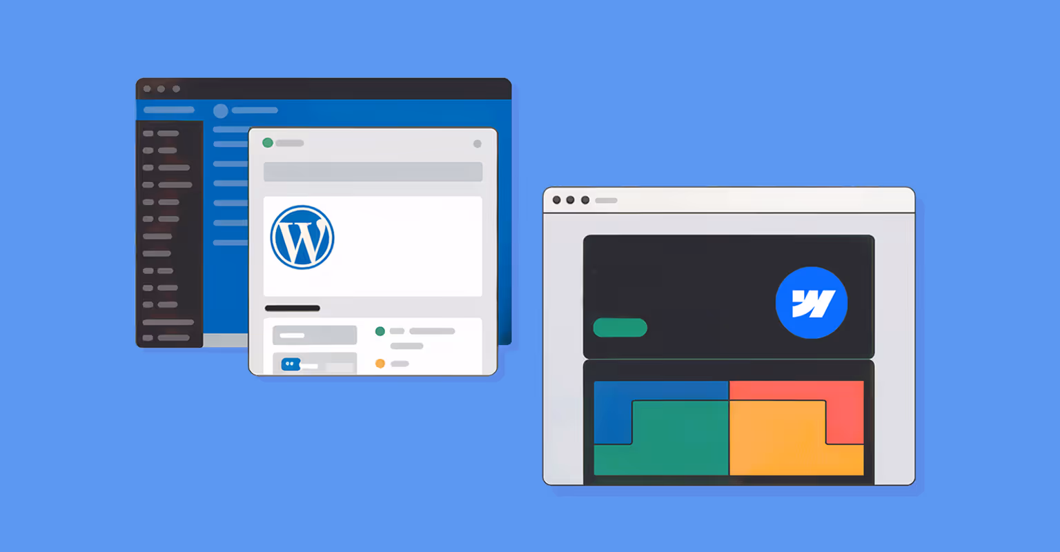Side-by-side comparison of WordPress and Webflow dashboards, representing the choice between platforms.