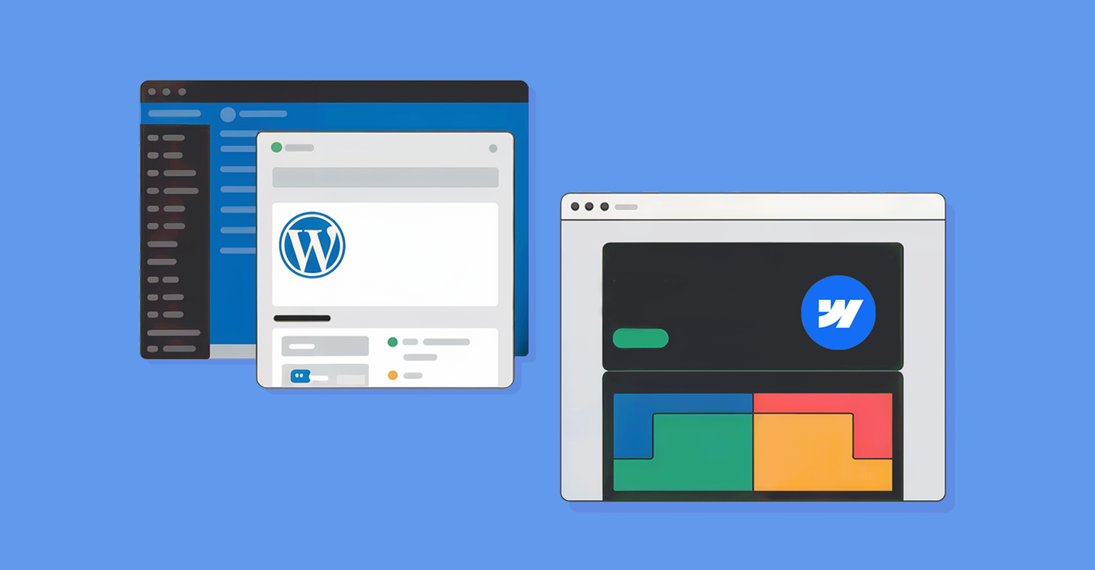 Side-by-side comparison of WordPress and Webflow dashboards, representing the choice between platforms.