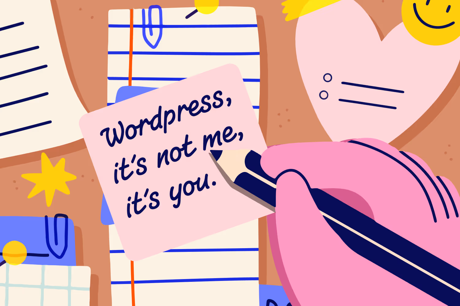 Breakup note to WordPress that reads "WordPress, it's not me, it's you" — illustrated graphic about switching from WordPress to Webflow.