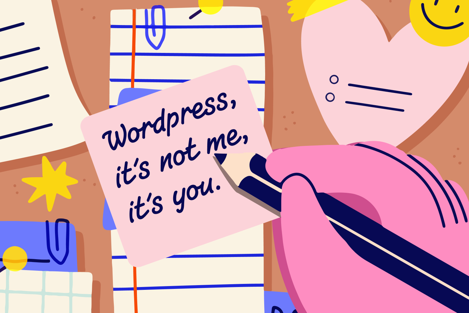 Breakup note to WordPress that reads "WordPress, it's not me, it's you" — illustrated graphic about switching from WordPress to Webflow.