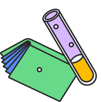 Illustration of a green wallet with blue bills and a test tube containing orange liquid.