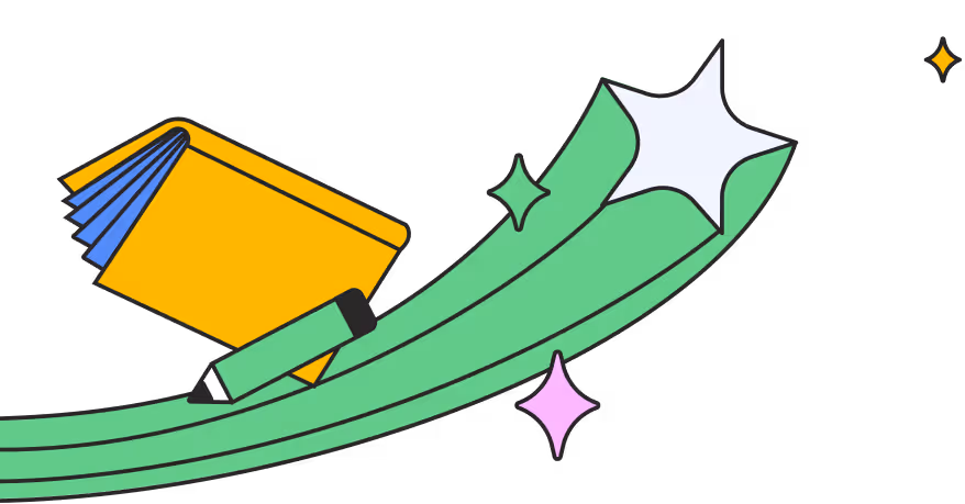 Illustration of a yellow book and a green pen with sparkling stars on a dark background.