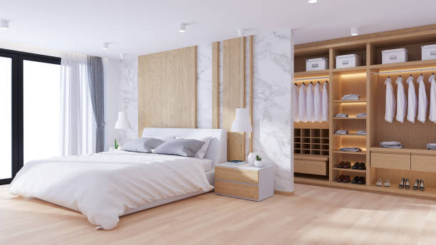 Modern  luxury Bedrooms and dressing room interior design,3d render