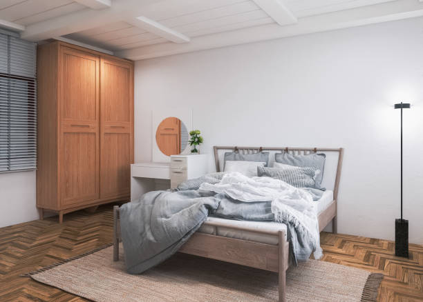 wood and pastel blue bedroom with standing wall unit
