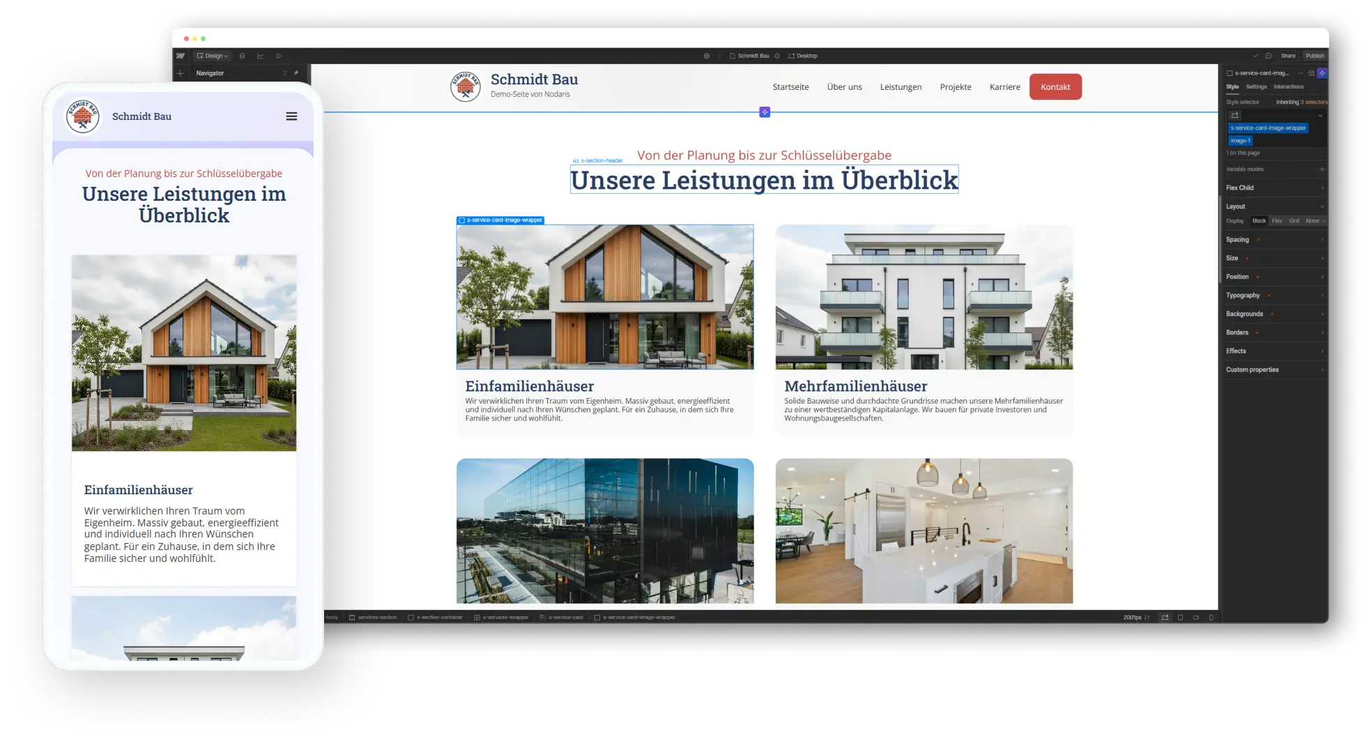 A mockup of a website on a phone and in Webflow