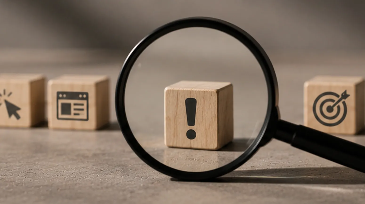 Une loupe posée sur un cube d'alerte au milieu des cubes qui représentent les maillons d'une campagne : le diagnostic d'une campagne qui dépense sans convertir