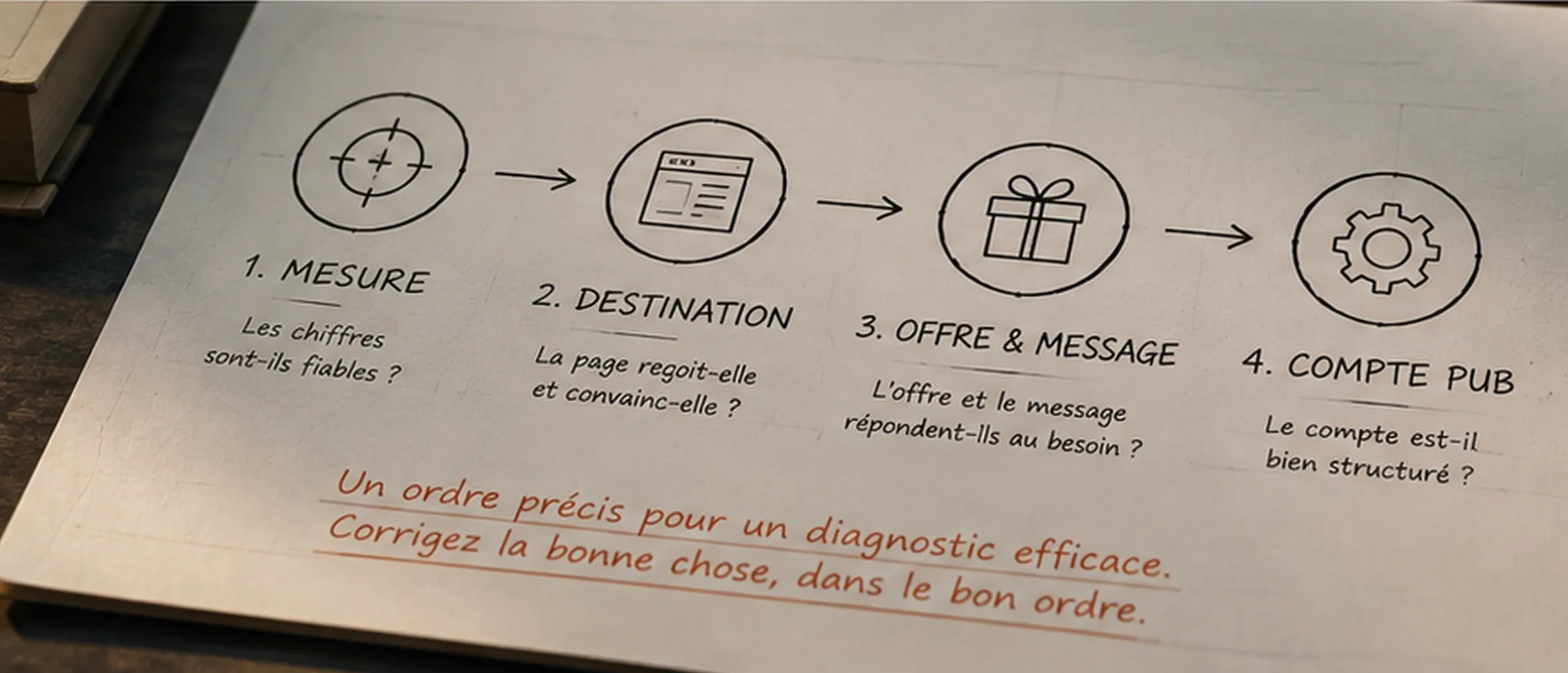 Schéma des quatre étapes du diagnostic d'une campagne qui dépense sans convertir : la mesure, la destination, l'offre et le message, puis le compte publicitaire