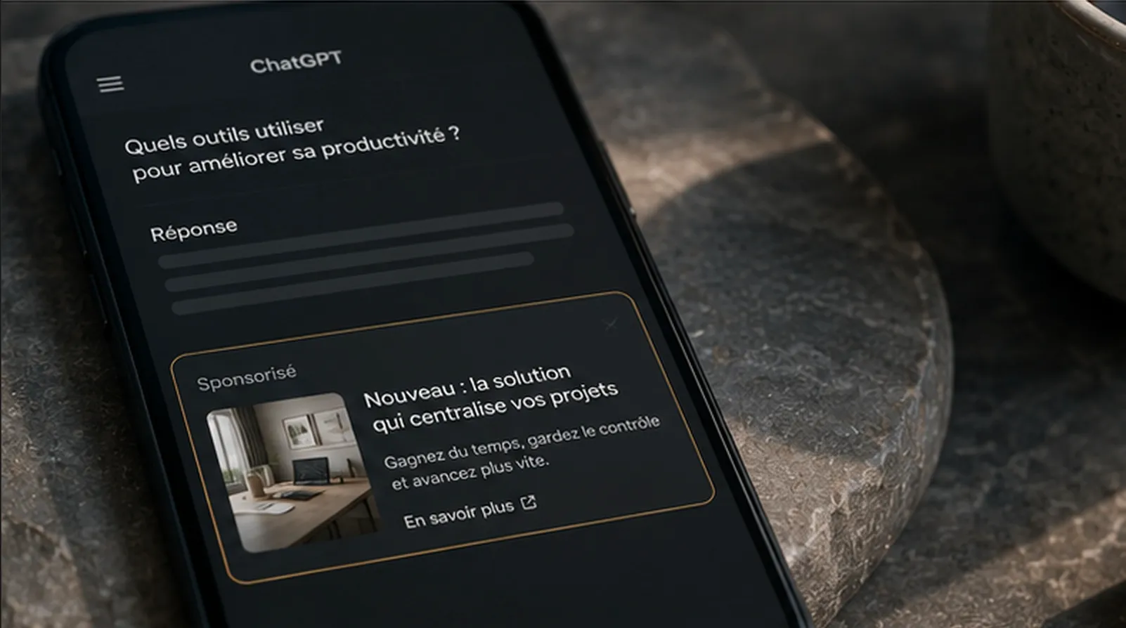 Un téléphone affichant une réponse de ChatGPT avec, en dessous, une carte sponsorisée : la publicité dans ChatGPT