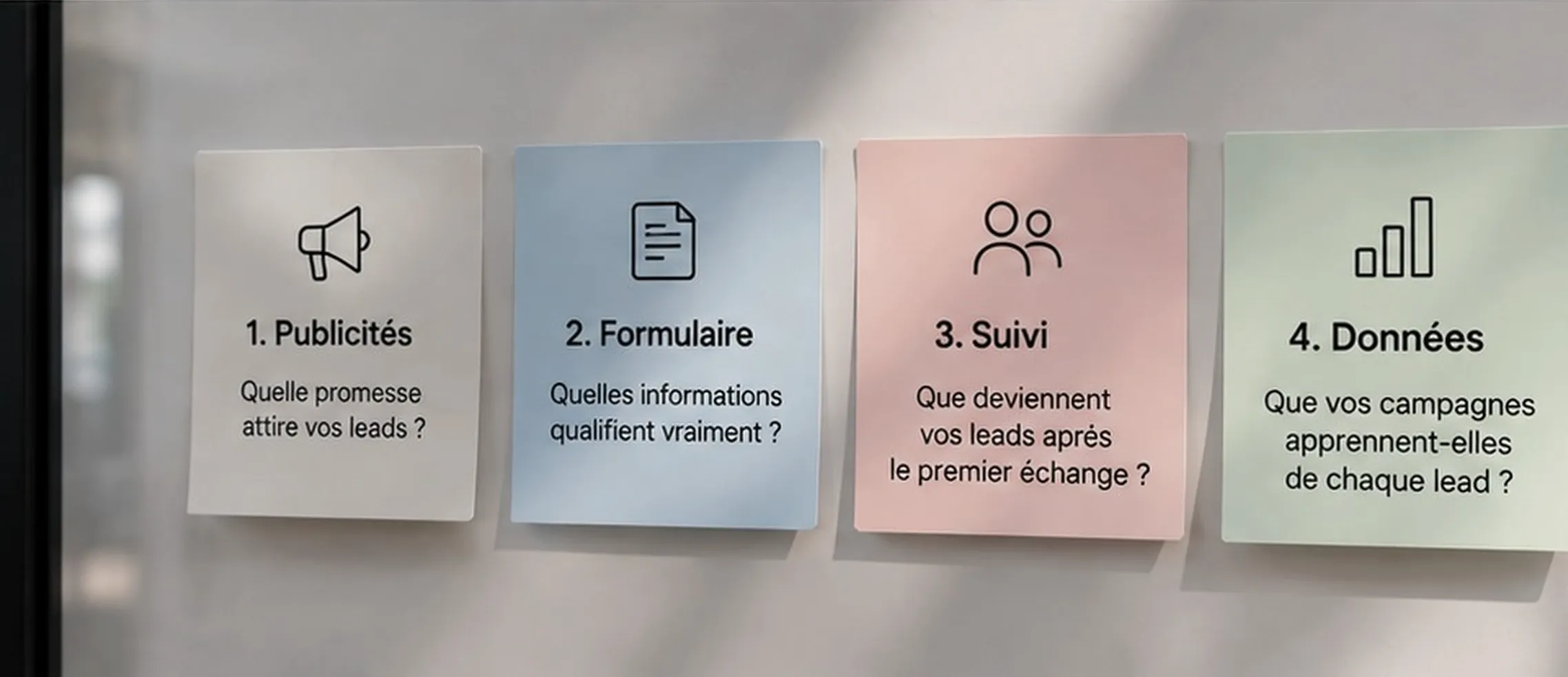 Quatre cartes alignées, publicités, formulaire, suivi, données : les quatre lectures qui déterminent la qualité de vos leads