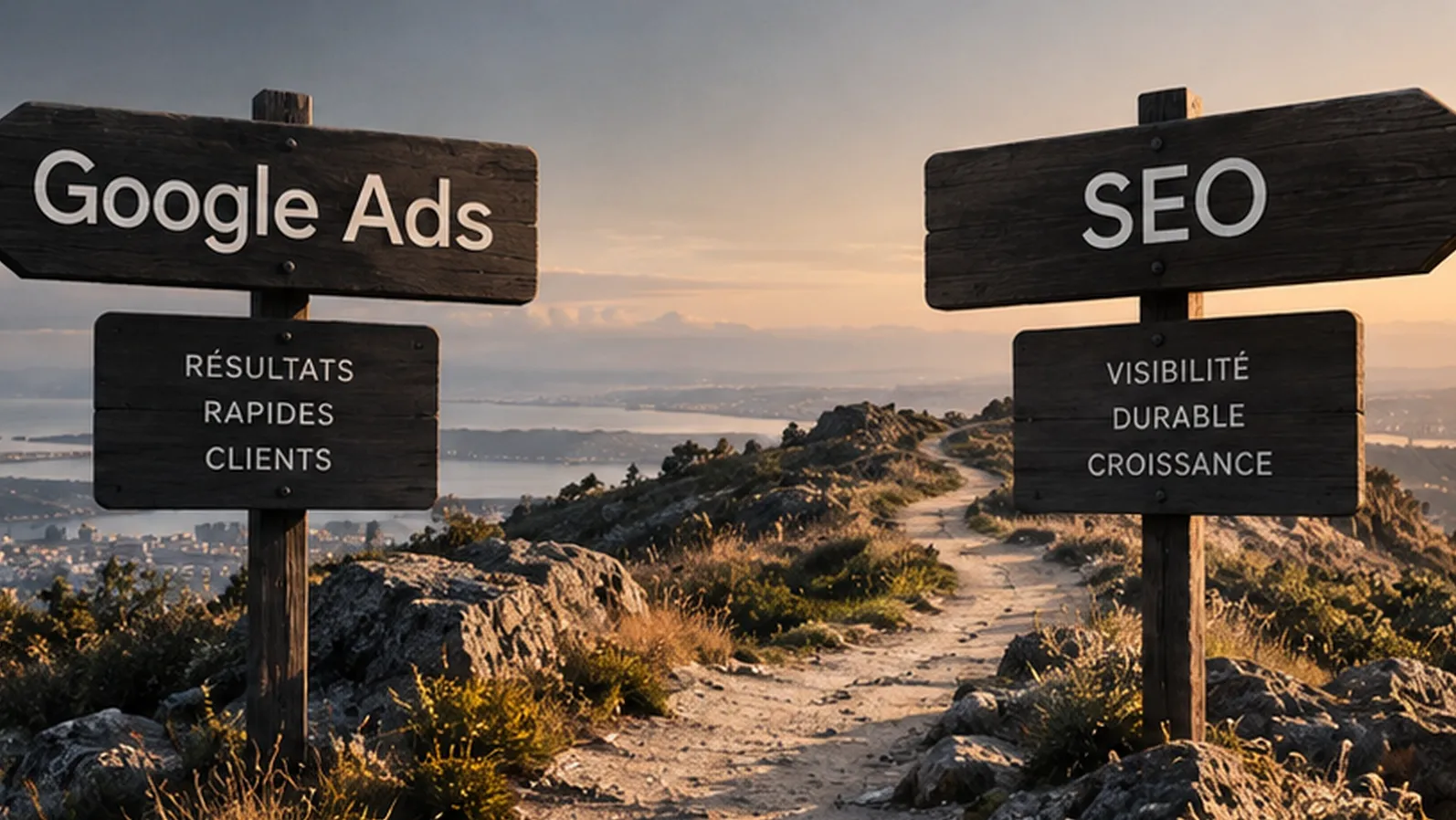 Deux panneaux à la croisée d'un chemin, Google Ads pour des résultats rapides et des clients, SEO pour une visibilité durable : lequel lancer en premier