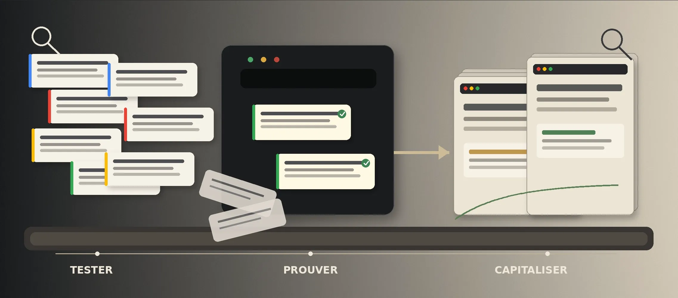 Frise en trois étapes, tester, prouver, capitaliser : les campagnes testent les annonces et les pages, puis le référencement naturel capitalise sur ce qui a fait ses preuves