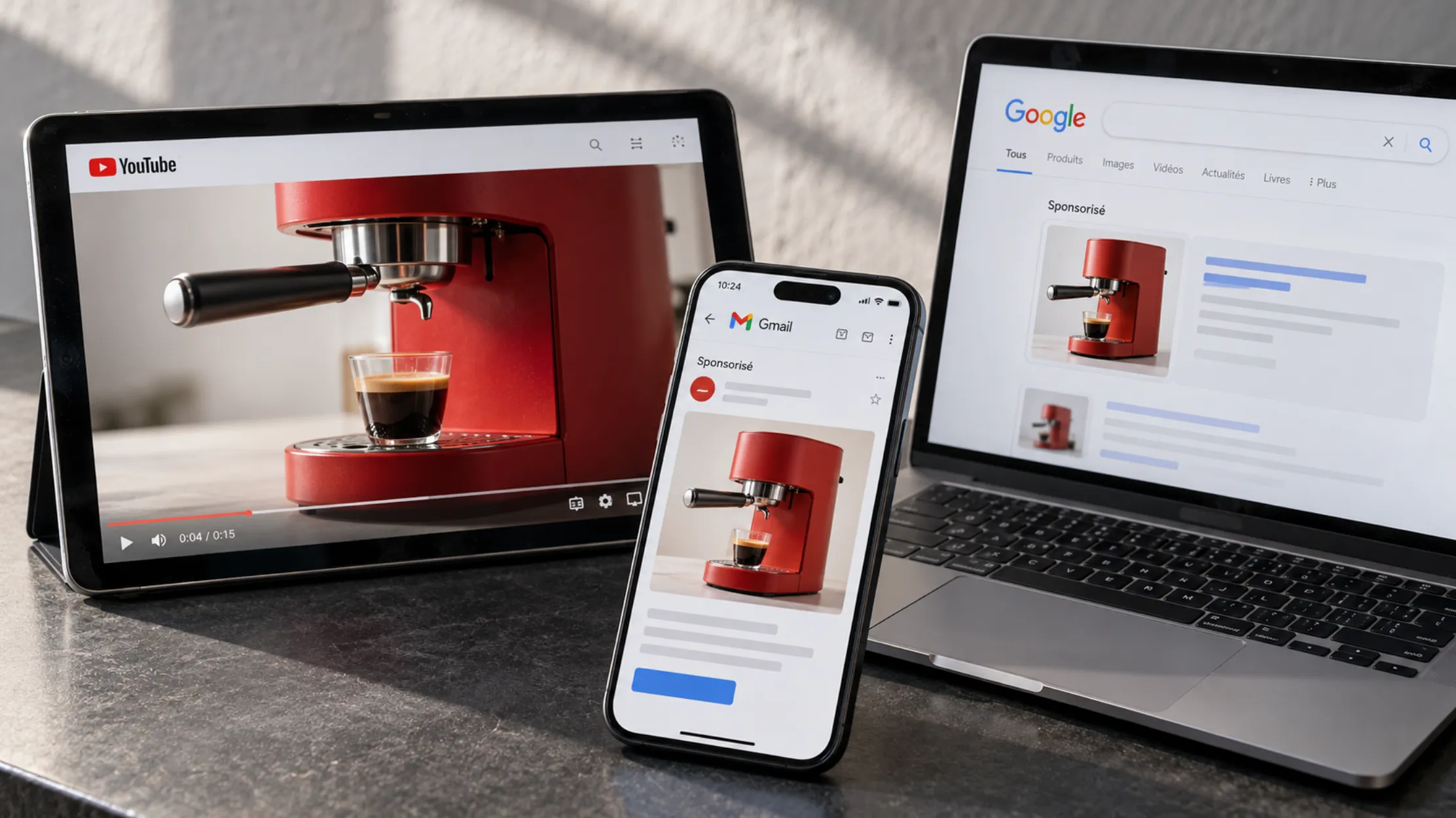 Une même publicité diffusée sur YouTube, Gmail et la recherche Google sur trois écrans : une seule campagne Performance Max sur tout l'inventaire