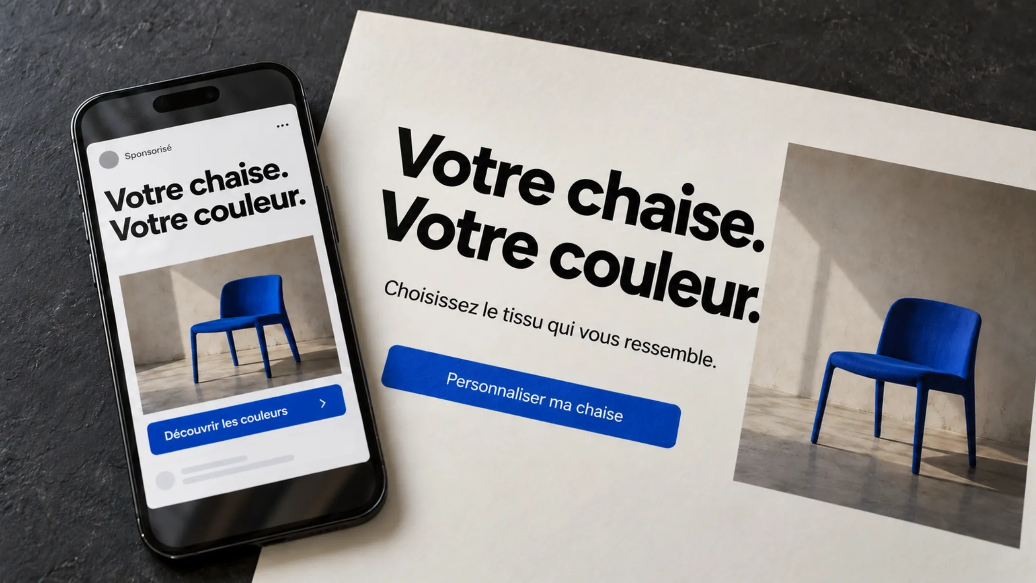 Une publicité sponsorisée sur un téléphone et la landing page qui reprend mot pour mot sa promesse, Votre chaise, votre couleur : la cohérence entre l'annonce et la page qui la reçoit