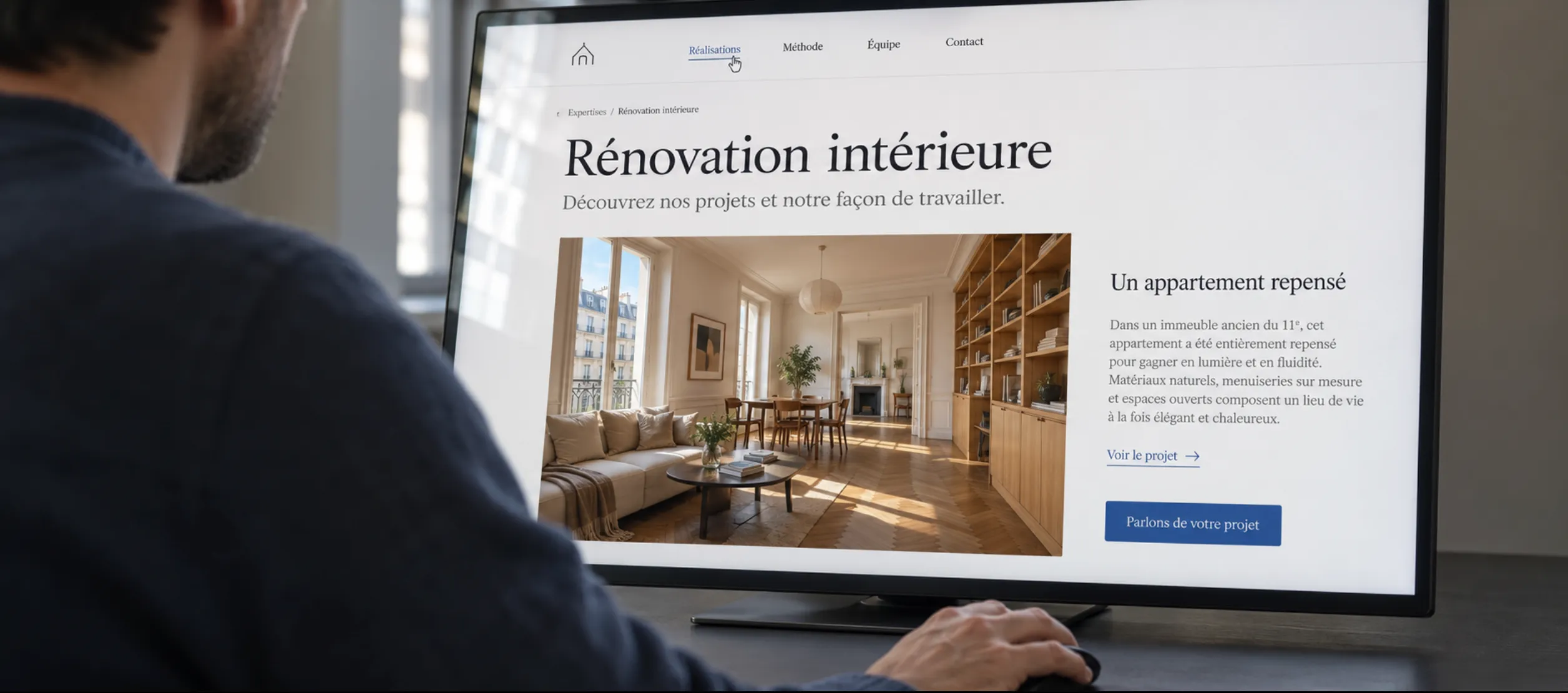 Un visiteur consulte sur grand écran la page de service d'un site, avec sa navigation, sa présentation et son appel à l'action : la page du site qui reçoit une recherche déjà formulée