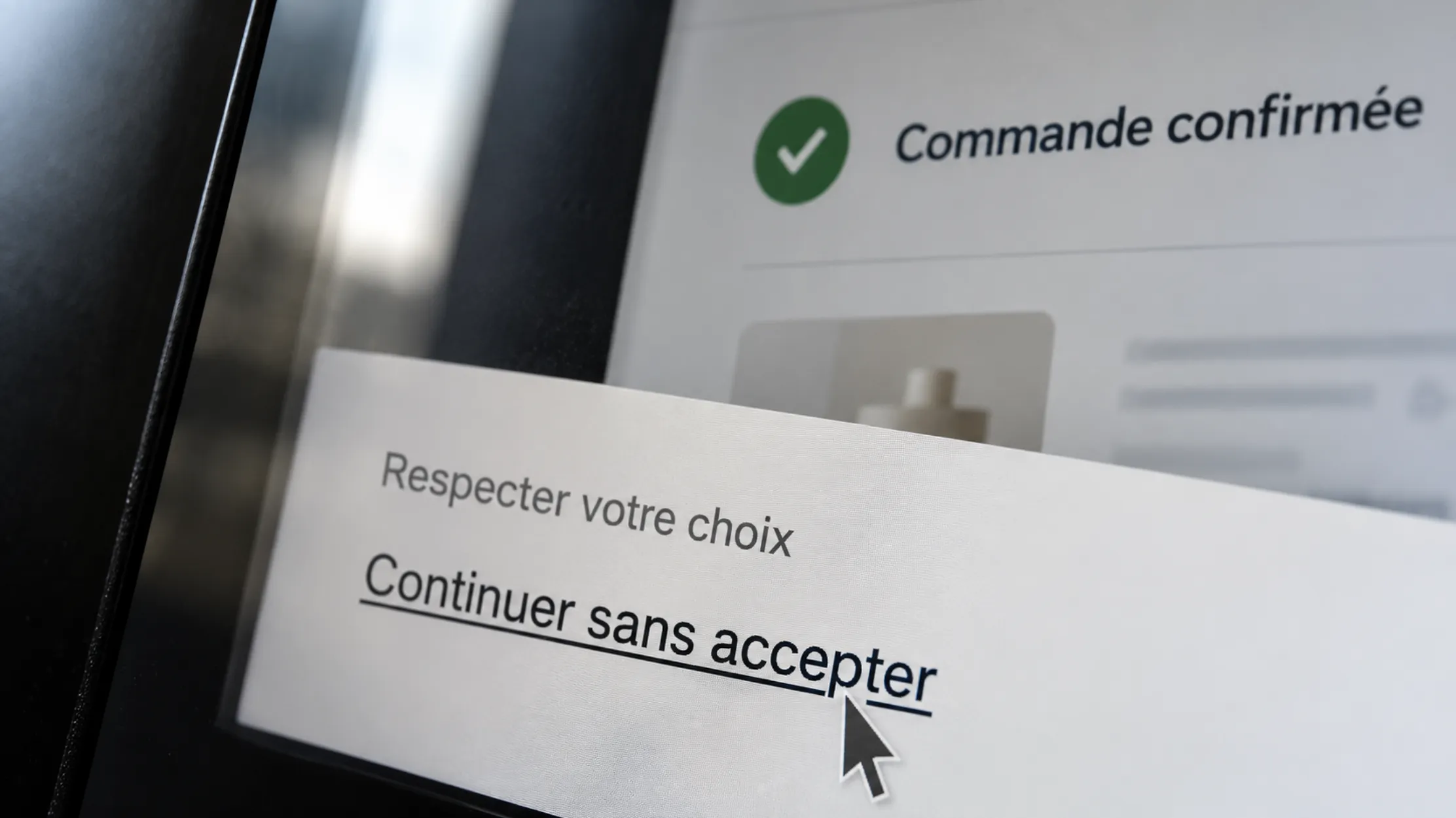 Un bandeau cookies avec le lien Continuer sans accepter devant une page de commande confirmée : le refus des traceurs ne retire pas la vente, seulement sa mesure