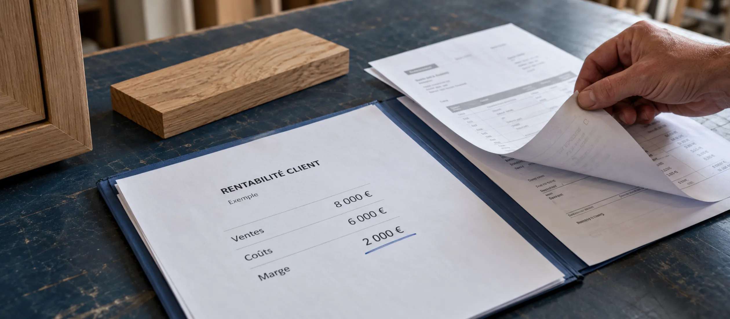 Dans un atelier, une fiche de rentabilité client posée sur un établi : ventes, coûts et marge dégagée par un client, le premier chiffre dont se déduit le coût par lead acceptable