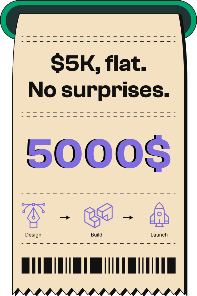 Receipt graphic with text '$5K, flat. No surprises.' and large purple '5000$' below, followed by icons for Design, Build, Launch in a sequence, and a barcode at the bottom.