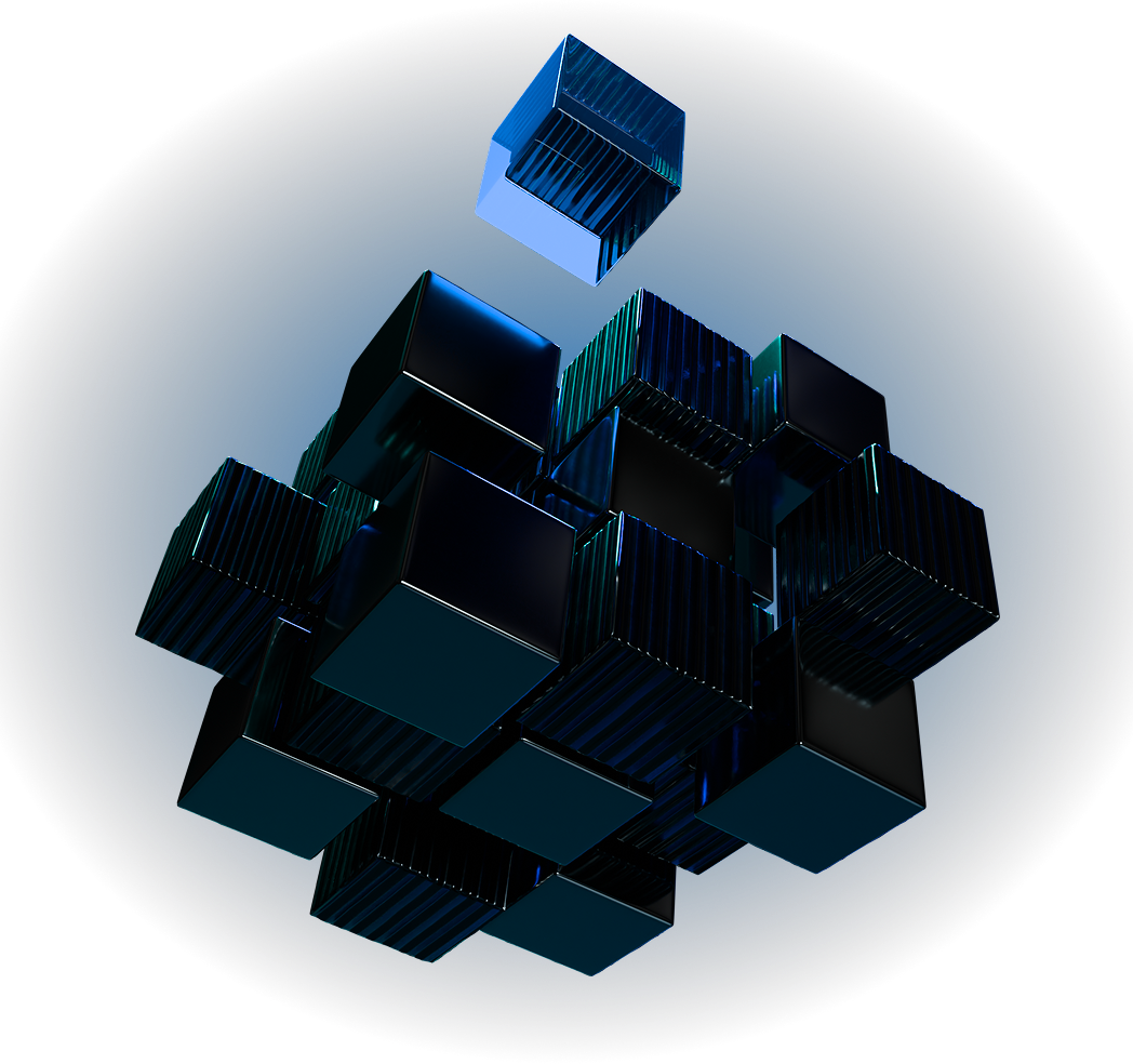 3D rendering of a dark metallic cube composed of smaller cubes with one translucent blue cube floating above it.