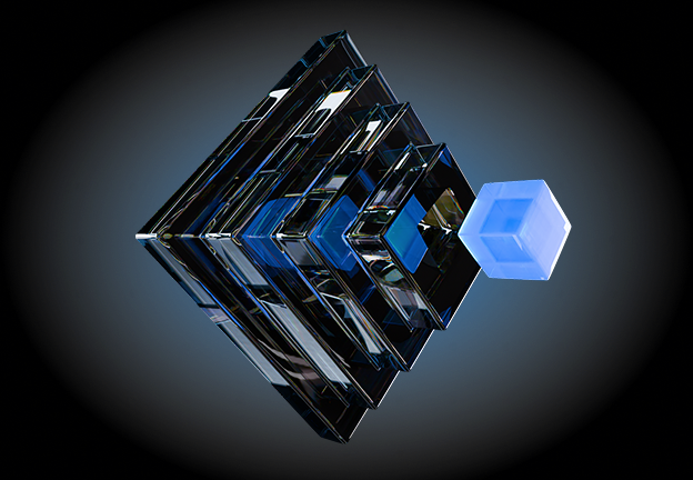 A series of transparent, layered diamond shapes converging toward a glowing blue cube on the right, set against a dark background.