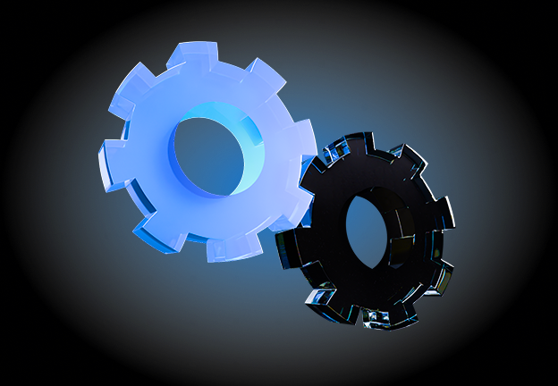Two interlocking gears, one translucent blue and one black, floating against a dark background with subtle blue lighting.