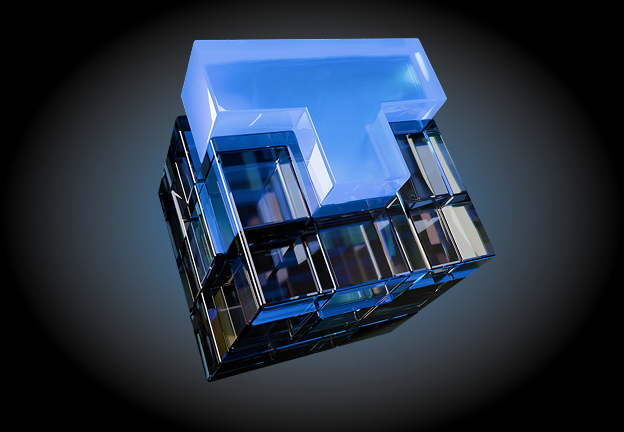 3D translucent cube composed of glass-like blocks with a glowing blue T-shaped block on top against a dark background.