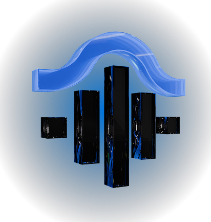 Abstract 3D bars in black and blue with a translucent blue wave arching above them on a dark gradient background.