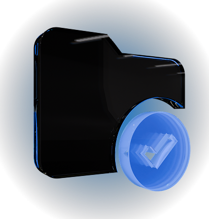 Black 3D folder icon with a blue circle containing a checkmark in the lower right corner on a dark background.