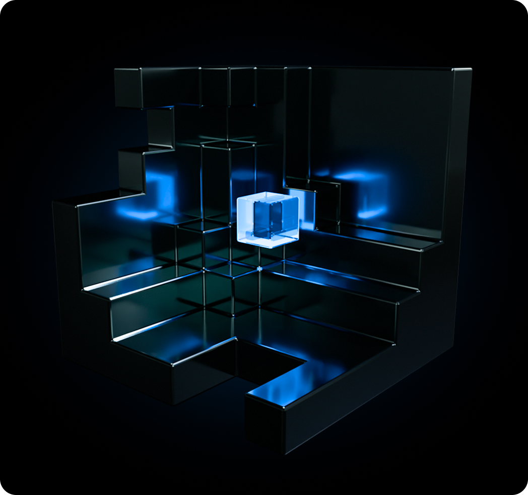 Black 3D hollow cube structure with a smaller glowing blue translucent cube suspended in the center against a dark background.