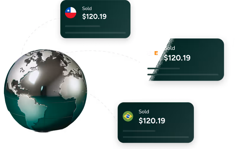 3D metallic globe with dotted connection lines and floating payment cards showing ‘Sold $120.19’ transactions in Chile, Brazil and other regions on a dark green background.