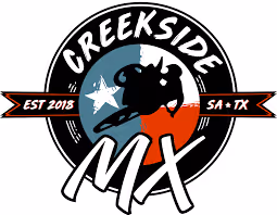 Creekside MX logo featuring a silhouette of a motocross rider in front of a red circle with text EST 2013 and SA TX.