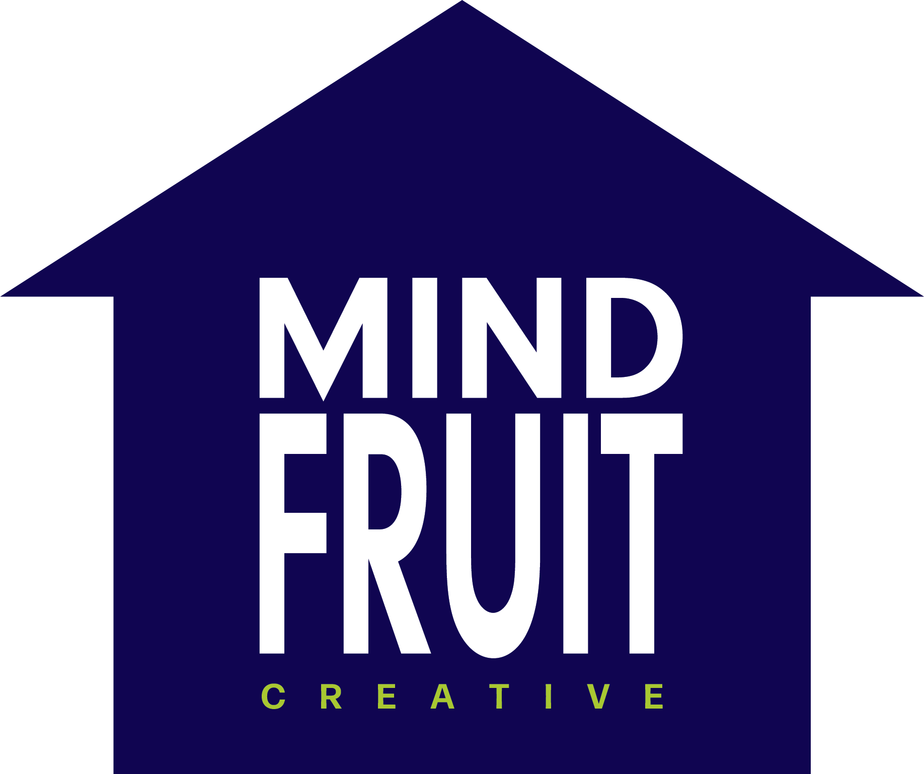 Mindfruit logo - Dark blue house with "Mindfruit" in white text, and "Creative" in lime green text