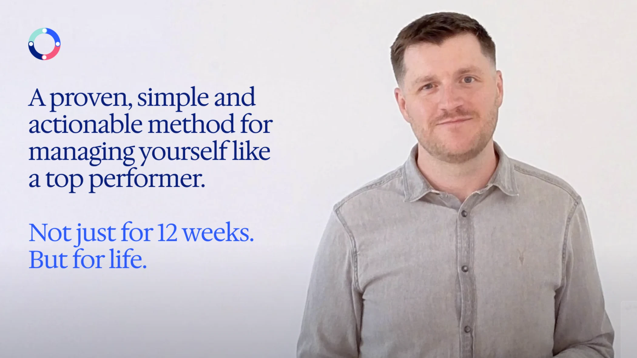Smiling man in grey shirt with motivational text about thinking clearly