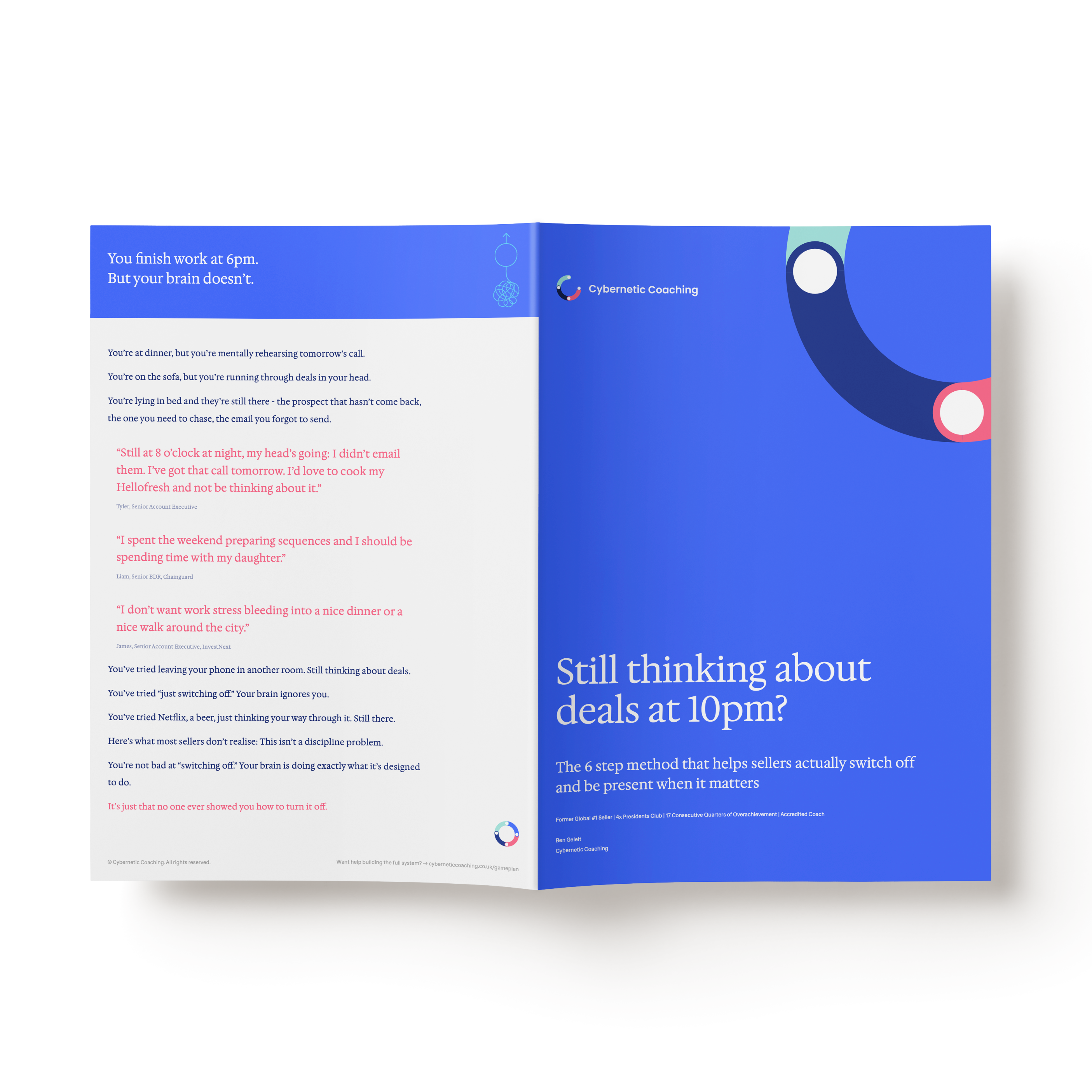Open booklet titled 'Still thinking about deals at 10pm?' by Cybernetic Coaching detailing a 6 step method to help sellers switch off and be present.