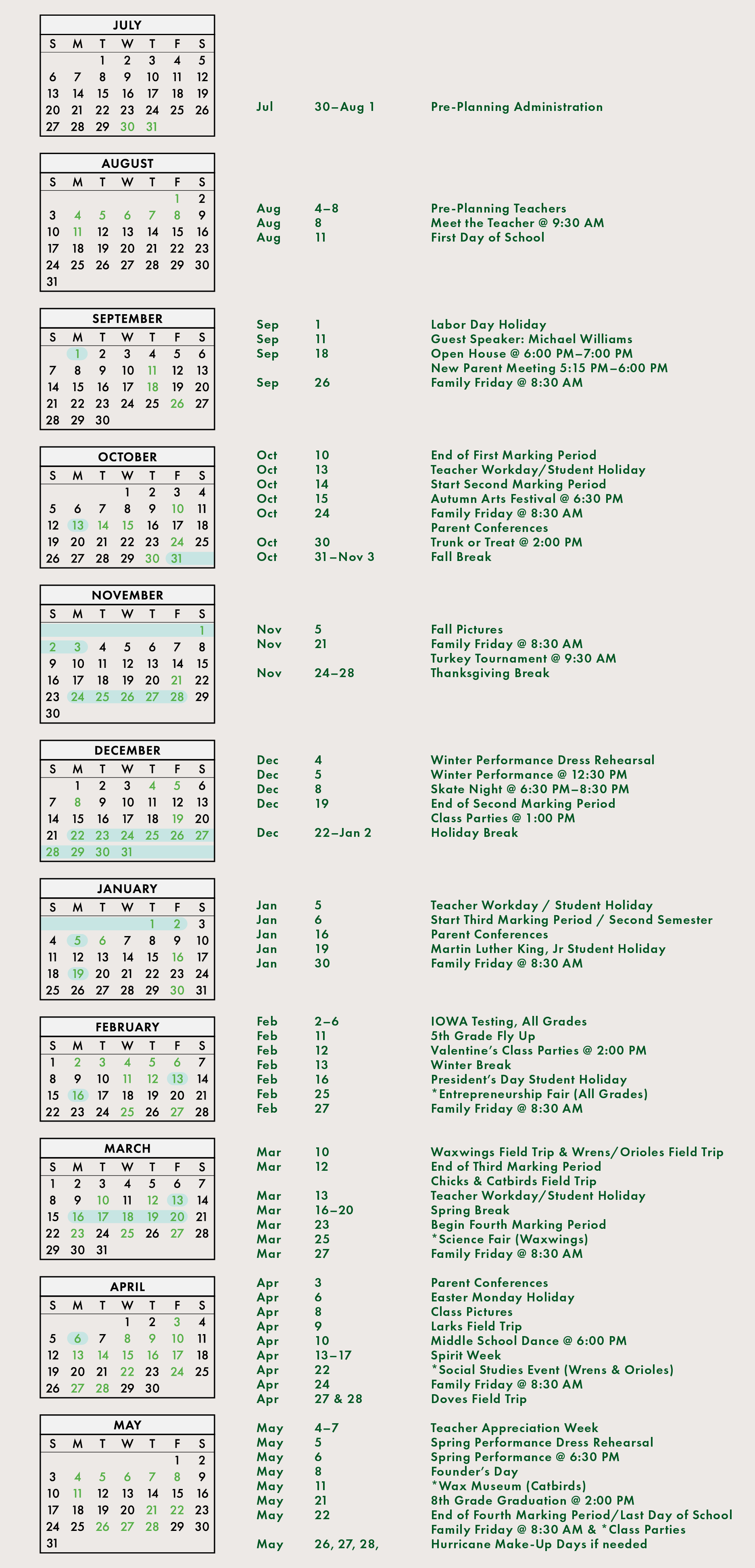 School calendar from July to May highlighting key dates and events like holidays, conferences, performances, and breaks.