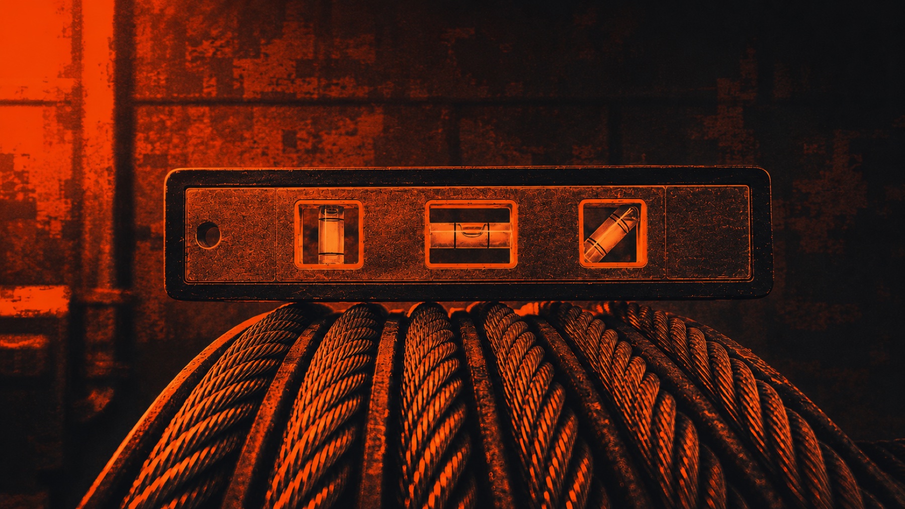 Bubble level resting on elevator hoist cables during a Brouss maintenance visit