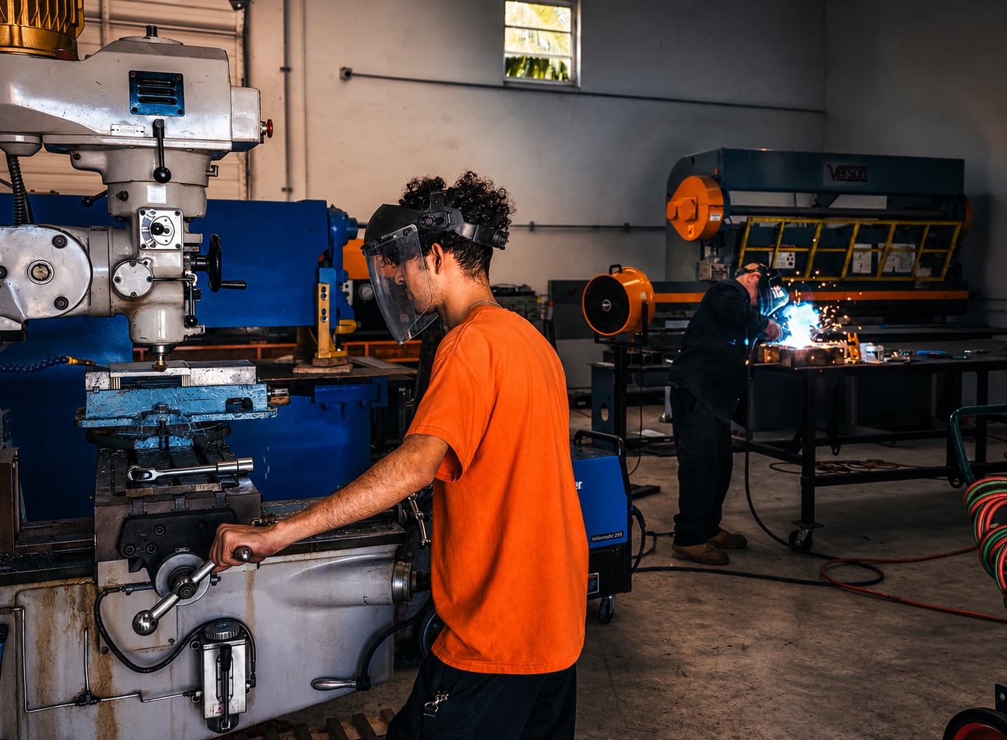 Brouss Elevators parts manufacturing workshop with technician machining and welder fabricating elevator components