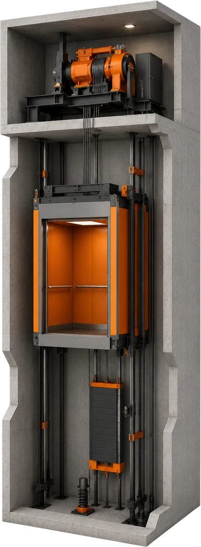 Cutaway render of a traction elevator highlighting the control components, wiring and safety circuits addressed in a minimal modernization