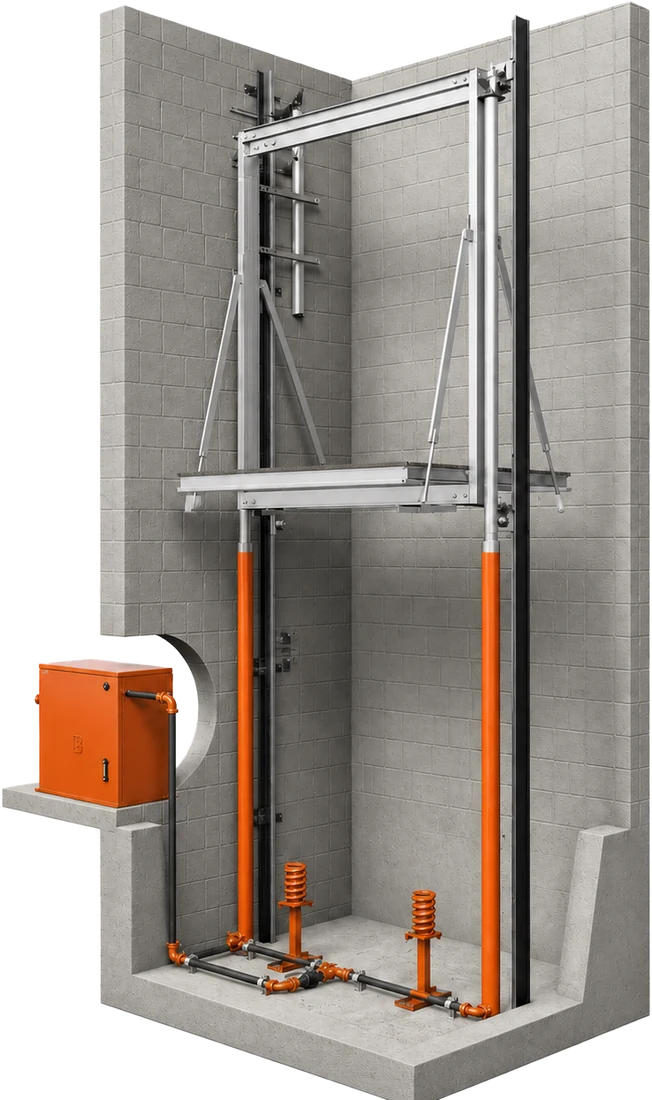 Cutaway render of a hydraulic elevator highlighting the power unit, wiring and pit safety devices addressed in an essential modernization
