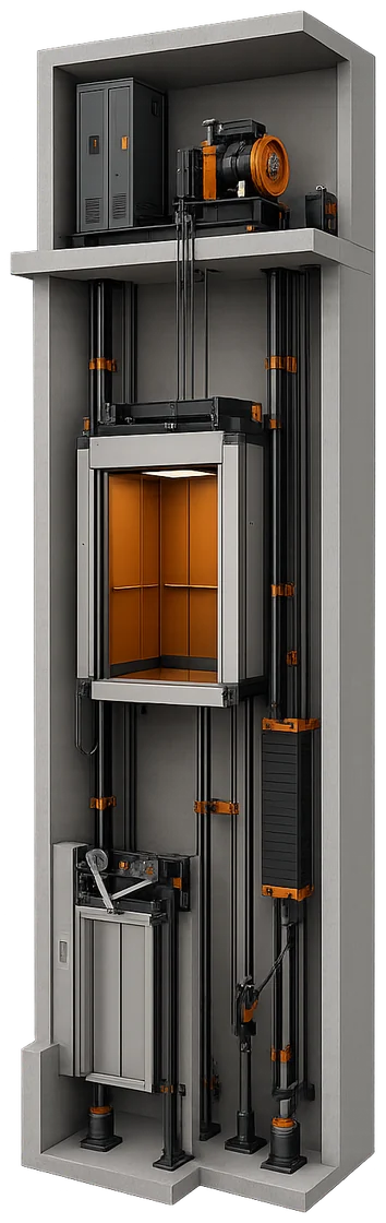 Traction elevator cutaway: machine room, car, counterweight, pit