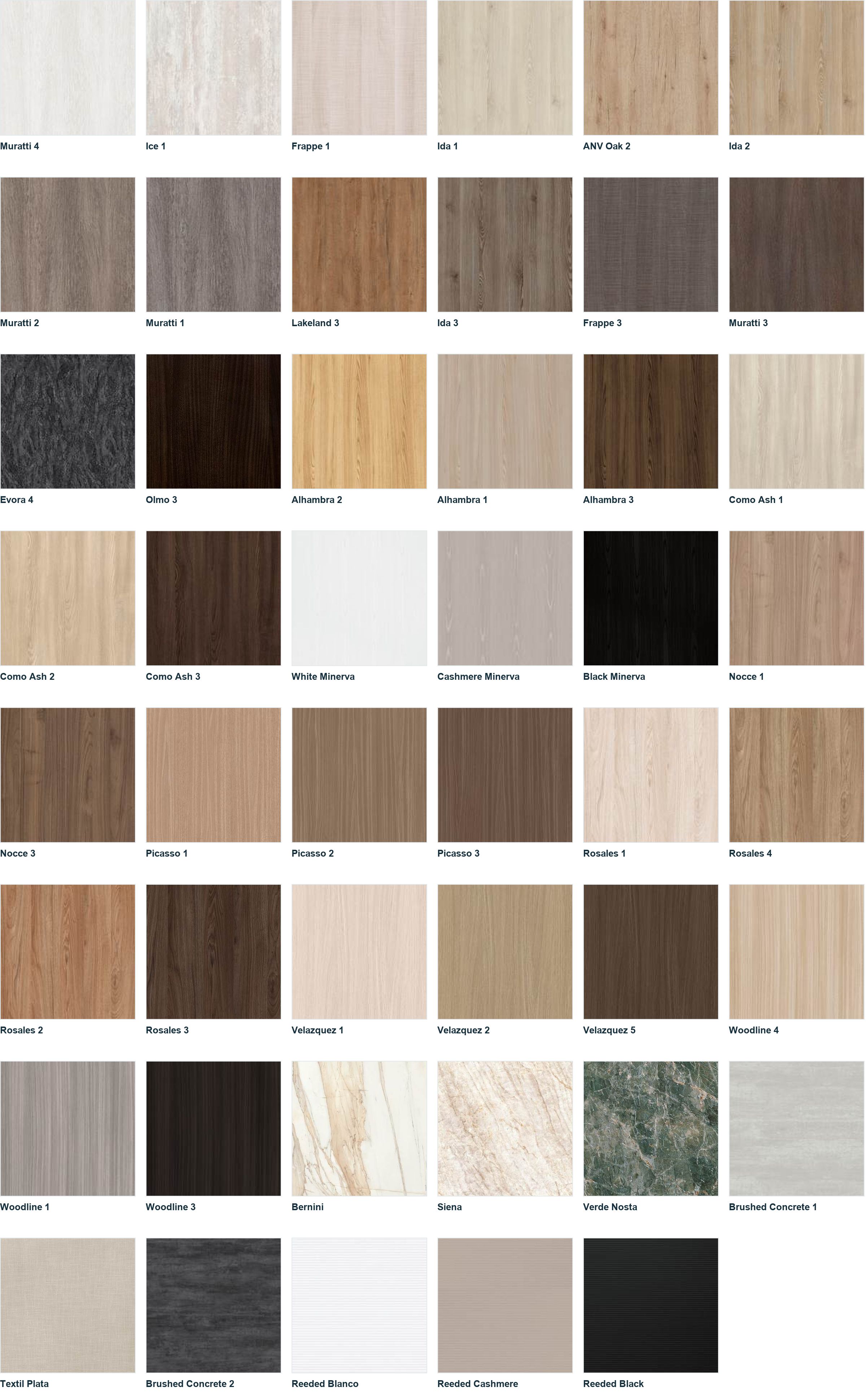 Textured matte and woodgrain wall panel finishes, full palette