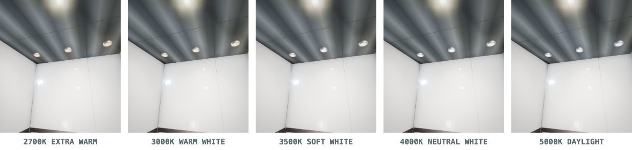 The same elevator cab ceiling lit at five LED colour temperatures, from 2700K extra warm through 5000K daylight