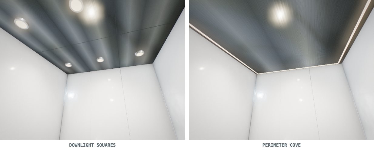 Two elevator cab ceiling styles side by side: Downlight Squares with six recessed spots in a sectioned steel ceiling, and Perimeter Cove with an edge-lit continuous steel field