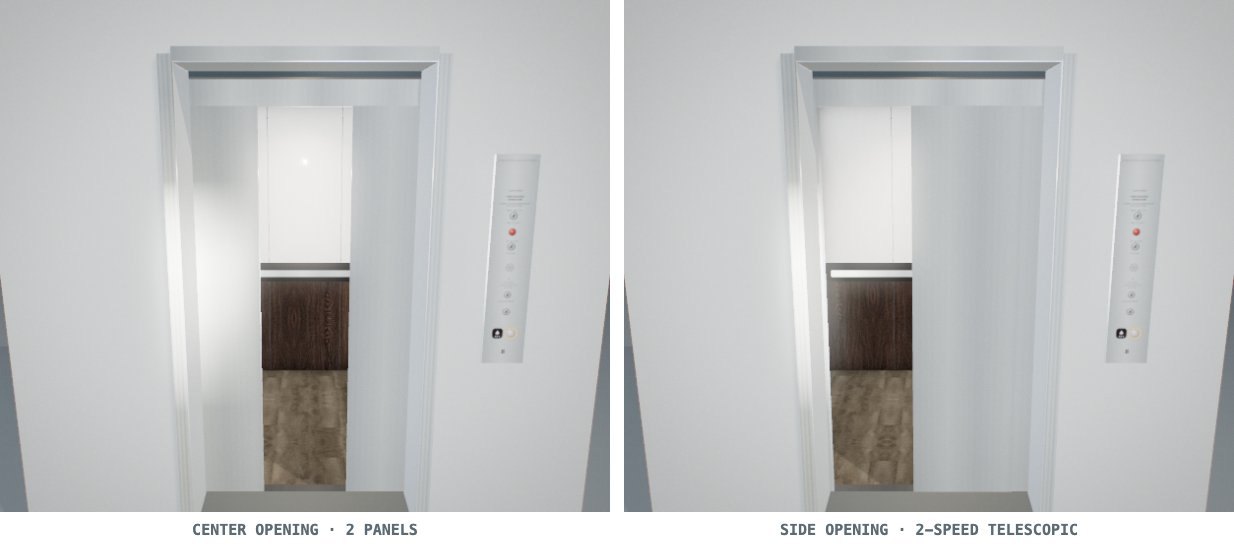 Two elevator entrance configurations half open: centre opening with two panels parting symmetrically, and side opening with the panels stacked to one jamb
