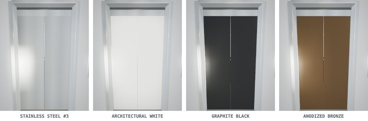 Four elevator cab door finishes shown closed: Stainless Steel number 3 satin, Architectural White powder coat, Graphite Black powder coat and Anodized Bronze