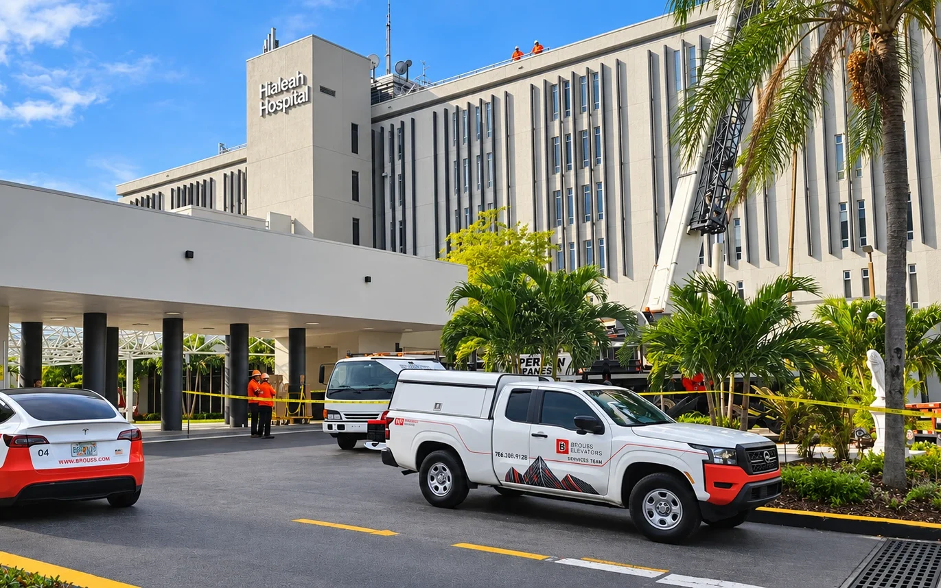 Brouss Elevators crew, service truck and crane on a traction elevator job at Hialeah Hospital