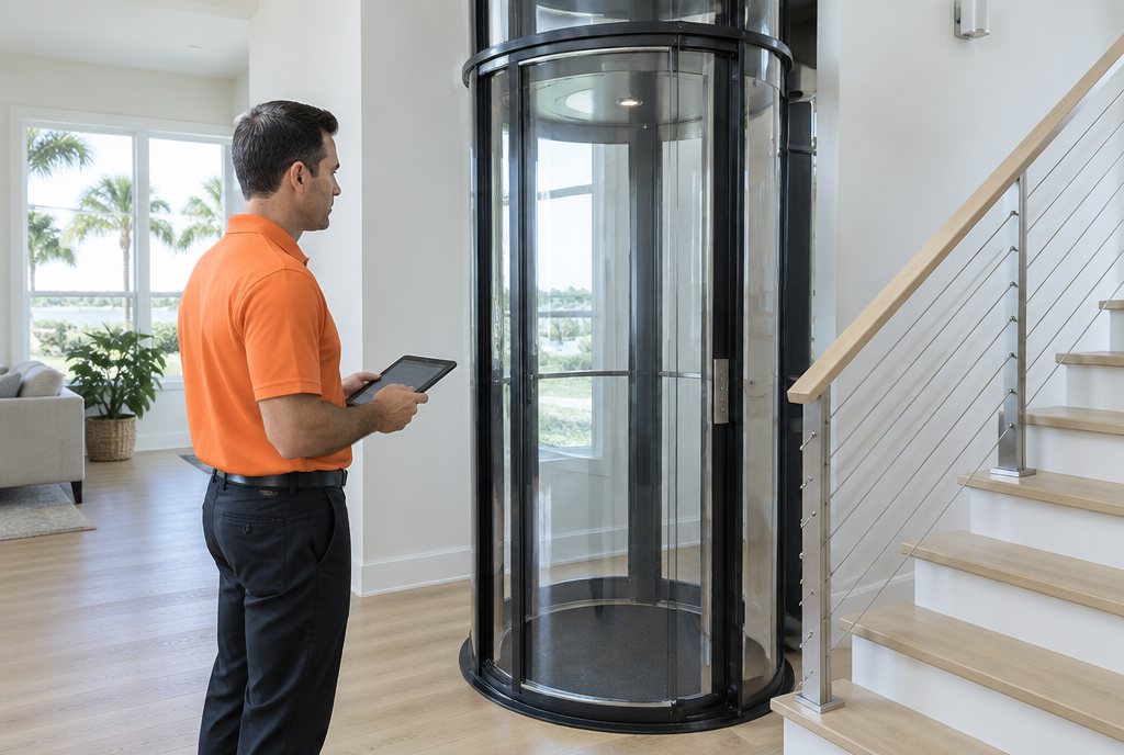 Brouss technician with a tablet inspecting a pneumatic vacuum home lift