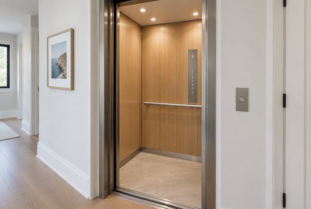 Modernized home elevator cab with light wood panels and new LED lighting