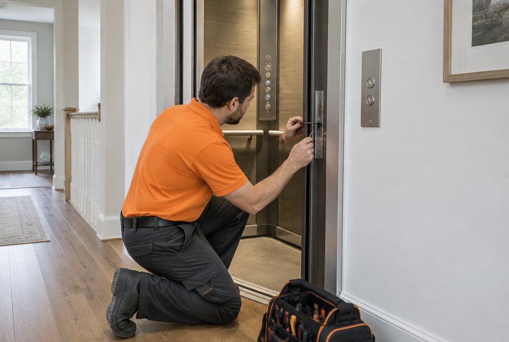 Brouss technician checking the door lock of a home elevator during a maintenance visit