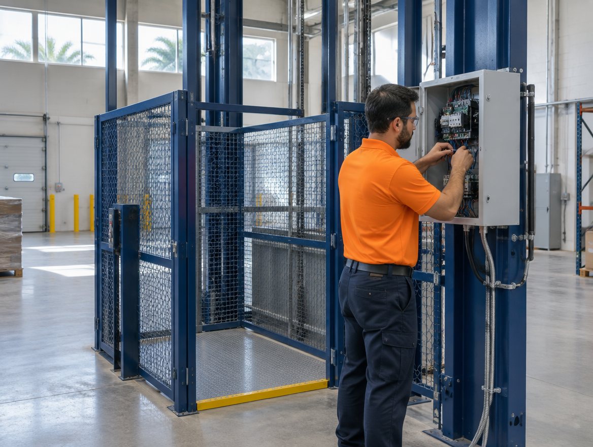 Technician wiring a new control panel next to a material lift in a Florida warehouse